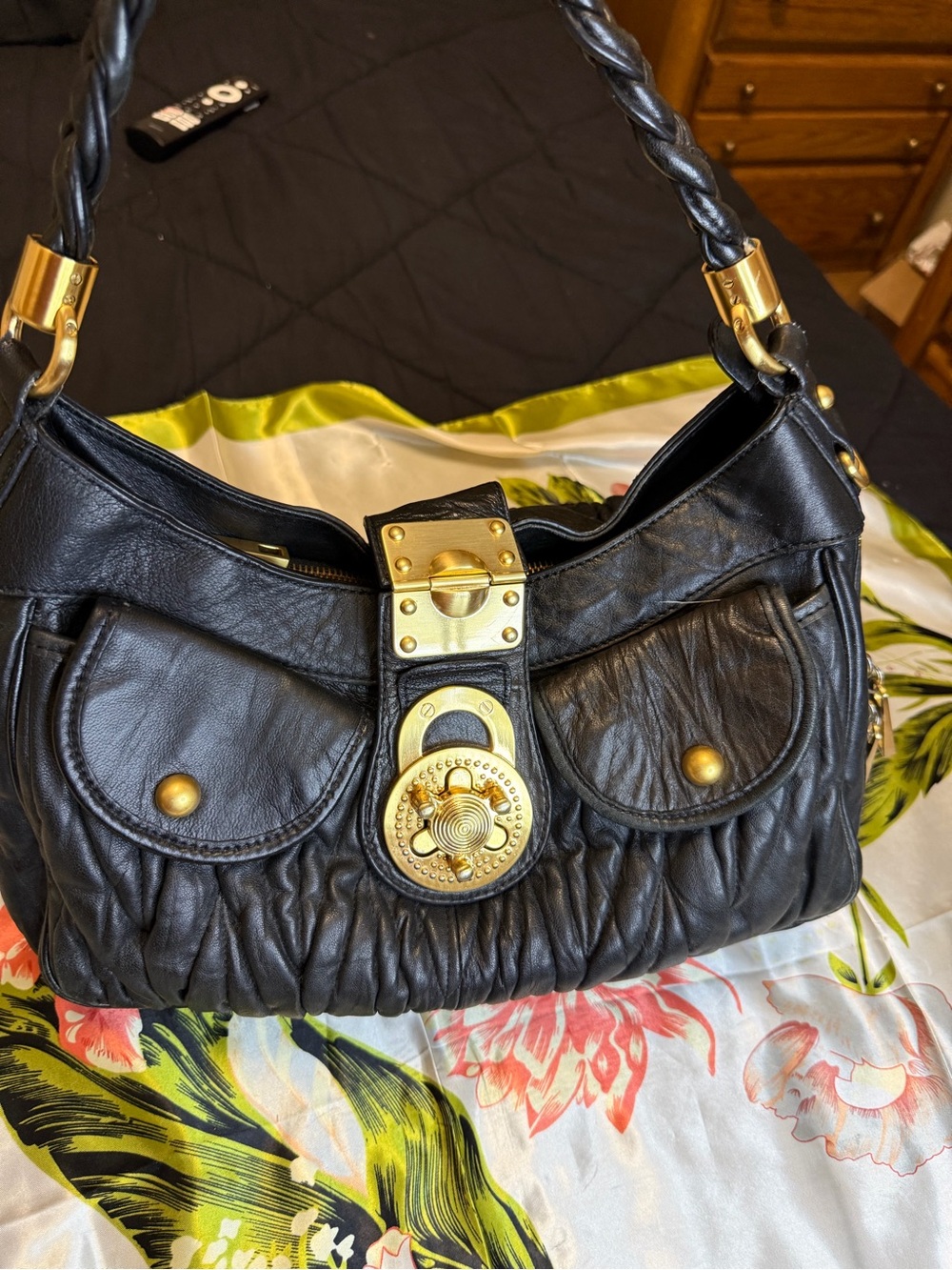 Steve Madden Black Ruched Leather Shoulder Bag with Gold Hardware